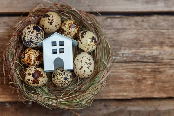 Minyatür beyaz oyuncak model house rustik eski vintage ahşap arka plan üzerinde yumurta yuvada aittir. Eko köyü çevre gayrimenkul ipotek Emlak sigorta rüya ev ekoloji yatırım kavramı