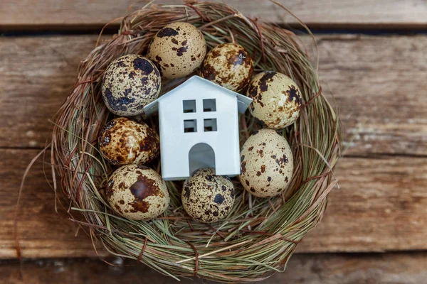 Minyatür beyaz oyuncak model house rustik eski vintage ahşap arka plan üzerinde yumurta yuvada aittir. Eko köyü çevre gayrimenkul ipotek Emlak sigorta rüya ev ekoloji yatırım kavramı