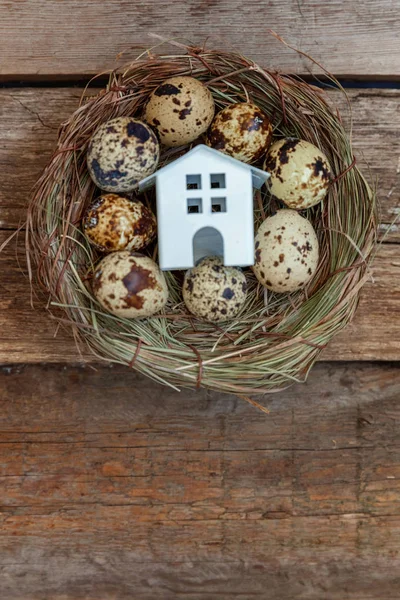 Minyatür beyaz oyuncak model house rustik eski vintage ahşap arka plan üzerinde yumurta yuvada aittir. Eko köyü çevre gayrimenkul ipotek Emlak sigorta rüya ev ekoloji yatırım kavramı