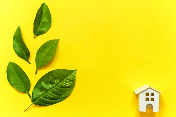 Miniature Toy Model House Green Leaves Yellow Colourful Trendy Backgdrop — Stock Photo, Image