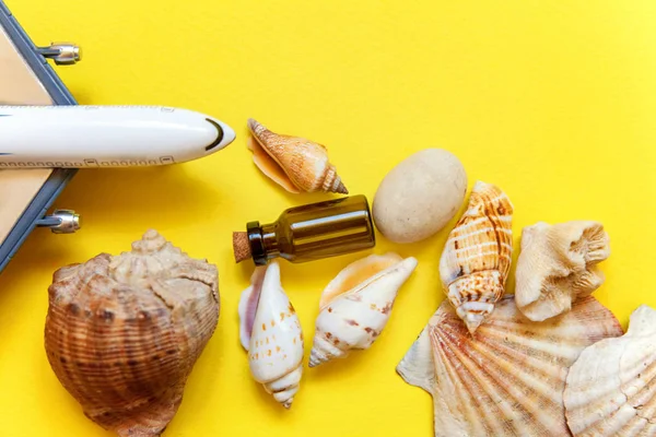 Tropikal arka plan. Deniz kabuklarını, minyatür oyuncak uçak ve cam şişe sarı renkli şık modern moda arka plan üzerinde. Tatil seyahat yaz hafta sonu deniz macera seyahat kavramı