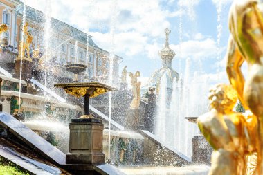 Saint Petersburg, Rusya, 19 Kasım 2017: Petrodvorets Peterhof pınarlarına. Grand cascade çeşmeler Peterhof Sarayı'nda