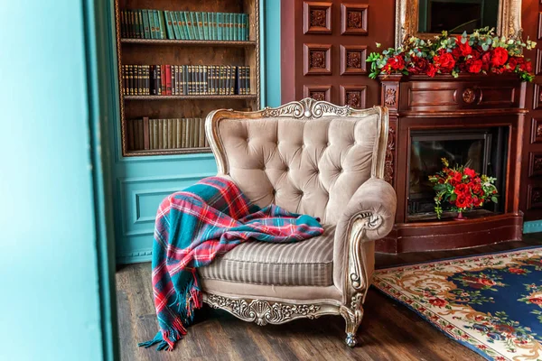 Luxury classic interior of home library. Sitting room with bookshelf, books, arm chair, sofa and fireplace. Clean and modern decoration with elegant furniture. Education read study wisdom concept