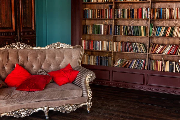 Lüks Kütüphane Klasik Kitaplık Kitap Koltuk Kanepe Şömine Ile Oturma — Stok fotoğraf