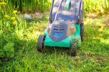 Çim biçme güneşli bir günde bahçede yeşil çim kesme makinesi. Bahçe ülke yaşam tarzı arka plan. Güzel görünüm taze yeşil çim çim güneş ışığı altında bahar ya da yaz sezonu Bahçe Peyzaj