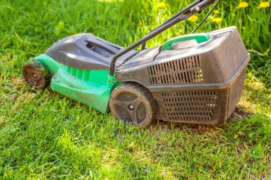 Çim biçme güneşli bir günde bahçede yeşil çim kesme makinesi. Bahçe ülke yaşam tarzı arka plan. Güzel görünüm taze yeşil çim çim güneş ışığı altında bahar ya da yaz sezonu Bahçe Peyzaj