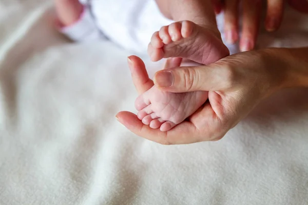 Bebek Ayakları Annenin Ellerinde Minik Yeni Doğmuş Bebek Ayakları Dişi — Stok fotoğraf