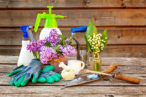 Attrezzi Giardinaggio Annaffiatoio Pala Vanga Potatore Rastrello Guanti Lilla Giglio — Foto Stock