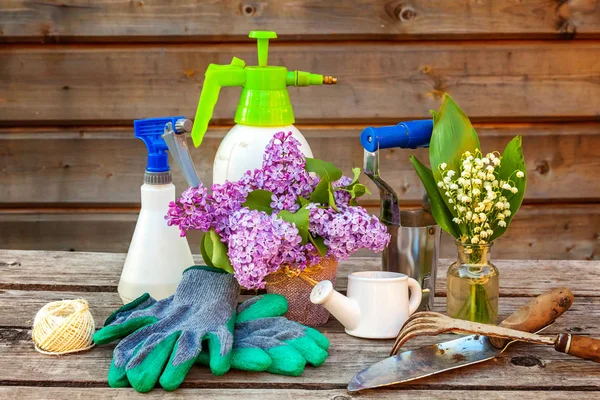 Gardening Tools Watering Can Shovel Spade Pruner Rake Gloves Lilac — Stock Photo, Image