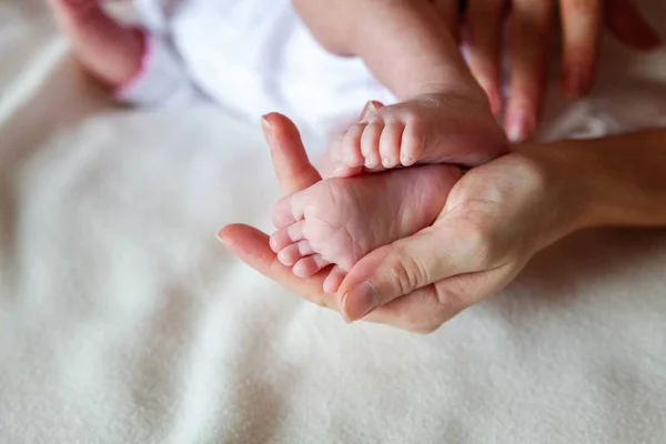 Bebek Ayakları Annenin Ellerinde Minik Yeni Doğmuş Bebek Ayakları Dişi — Stok fotoğraf