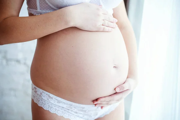 Obrázek Těhotné Ženy Dotýkající Břicha Rukama — Stock fotografie