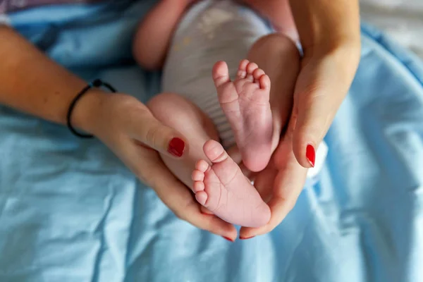 Bebek Ayakları Annenin Ellerinde Minik Yeni Doğmuş Bebek Ayakları Dişi — Stok fotoğraf