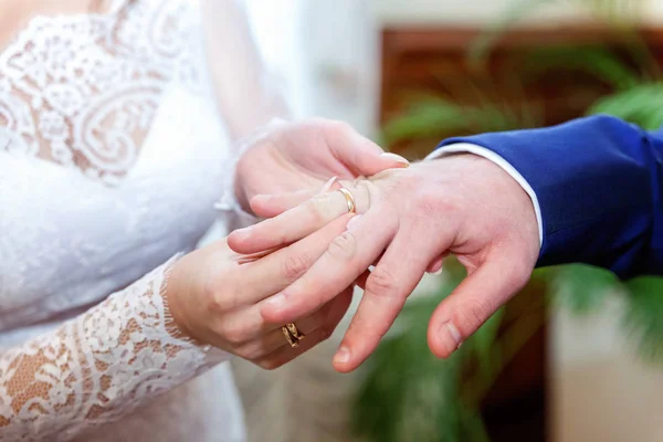 Manos Matrimonio Con Anillos Pájaro Lleva Anillo Dedo Del Novio — Foto de Stock