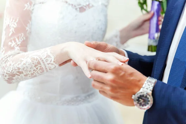 Groom Hand Putting Wedding Ring Bride Finger — Stock Photo, Image