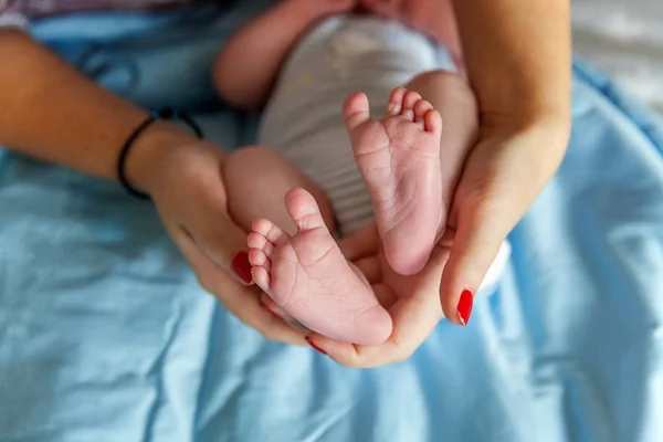 Bebek Ayakları Annenin Ellerinde Minik Yeni Doğmuş Bebek Ayakları Dişi — Stok fotoğraf