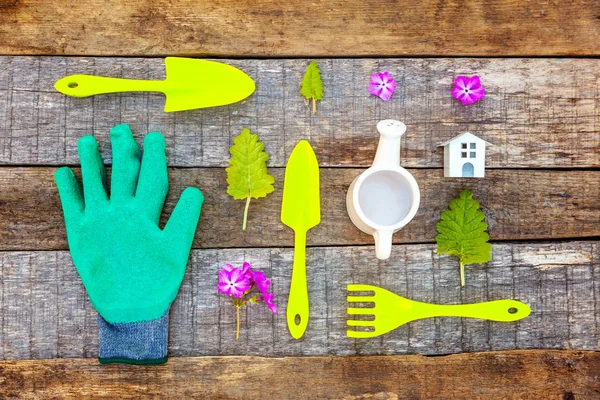 Posa Piatta Con Attrezzi Giardinaggio Annaffiatoio Pala Vanga Rastrello Fondo — Foto Stock