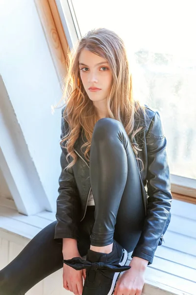 Young Teenage Girl Leather Jacket Sitting Modern Chair Posing Bright — Stock Photo, Image