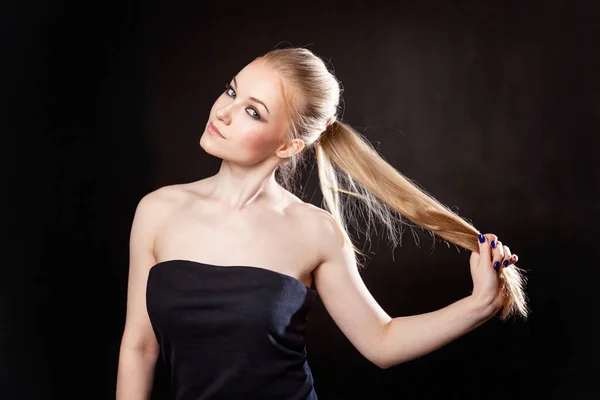 Close Portrait Beautiful Model Long Blond Hair Black Background — Stock Photo, Image