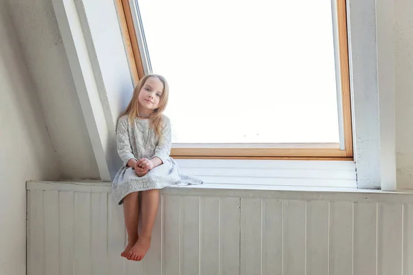 Little Cute Sweet Smiling Girl White Dress Sitting Window Sill — Stock Photo, Image