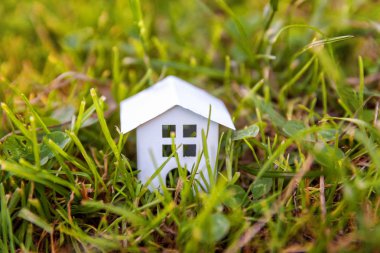 Minyatür beyaz oyuncak model çayır çimen ile evde. Eko Köyü, çevre arka plan. Emlak mortgage Emlak sigorta rüya ev ekoloji kavramı