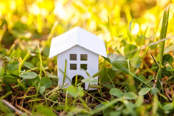 Miniaturweißes Spielzeugmodellhaus Auf Einer Wiese Mit Gras Ökodorf Abstrakter Ökologischer — Stockfoto