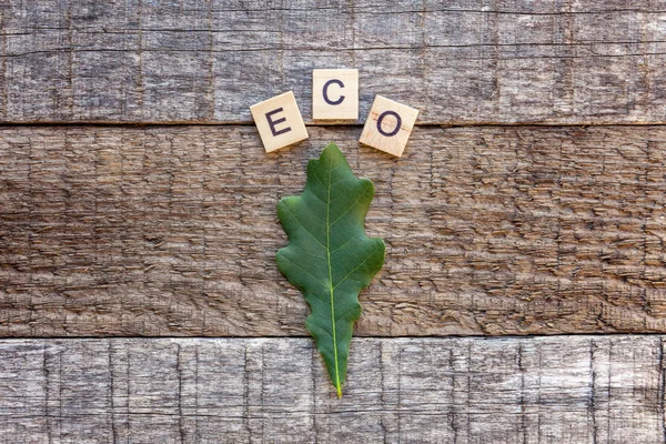 Inscription ECO letters word and oak leaf on old rustic wooden backdrop. Eco Village abstract environmental background. Nature protection energy saving ecology concept. Flat lay top view copy space