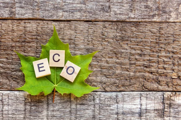 Inscriptie Eco Brieven Woord Maple Leaf Oude Rustieke Houten Achtergrond — Stockfoto