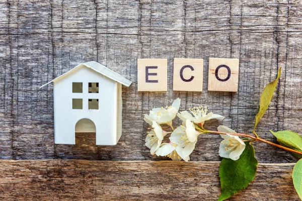 Miniature toy model house with inscription ECO letters word on wooden backdrop. Eco Village, abstract environmental background. Real estate mortgage property insurance sweet home ecology concept