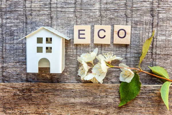 Miniature toy model house with inscription ECO letters word on wooden backdrop. Eco Village, abstract environmental background. Real estate mortgage property insurance sweet home ecology concept