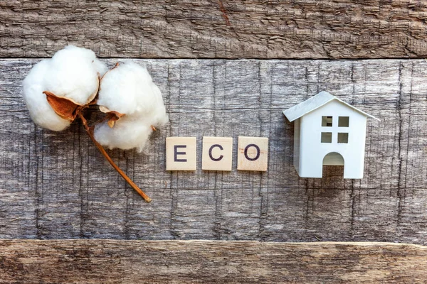 Miniature toy model house with inscription ECO letters word on wooden backdrop. Eco Village, abstract environmental background. Real estate mortgage property insurance sweet home ecology concept