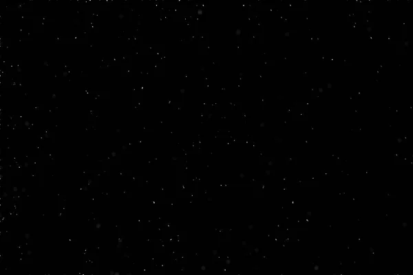 Gerçek beyaz kar tanesi siyah arka plan üzerine düşüyor. İzole kar yağışı sakin kar minimalist tasarım öğesi. Kar fırtınası doku. Siyah arka plan, ışıkları bokeh vurdu kar taneleri havada uçan