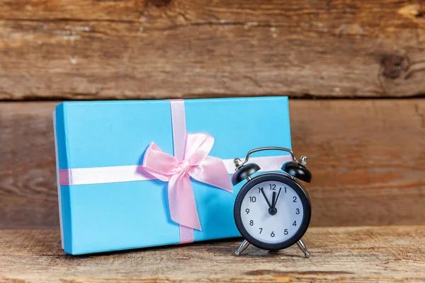 Alarm Clock Gift Box Wrapped Blue Paper Christmas New Year — Stock Photo, Image