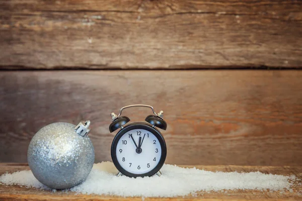 Christmas New Year Composition Winter Objects Snow Balls Alarm Clock — Stock Photo, Image