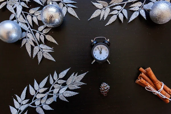 Christmas New Year Composition Winter Objects Clock Silver Branch Baubles — Stock Photo, Image