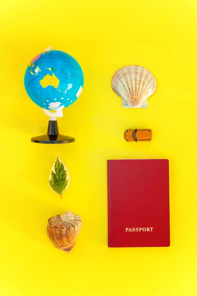 Flat Lay Passport Globe Sunglasses Shell Yellow Colourful Trendy Modern — Stock Photo, Image