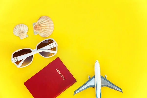 Flat Lay Plane Passport Sunglasses Shell Yellow Colourful Trendy Modern — Stock Photo, Image