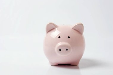 Pembe kumbara beyaz arka plan üzerinde izole. Yatırım bütçe servet iş emeklilik, finans, para, bankacılık kavramı tasarrufu. Kopya alanı