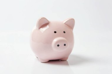 Pembe kumbara beyaz arka plan üzerinde izole. Yatırım bütçe servet iş emeklilik, finans, para, bankacılık kavramı tasarrufu. Kopya alanı