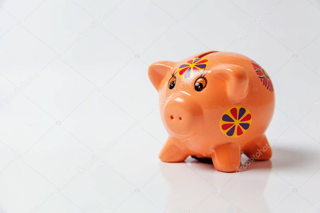 Pink piggy bank isolated on white background. Saving investment budget wealth business retirement, financial, money, banking concept. Copy space