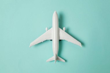 Sade bir şekilde yatıyordu tasarım minyatür oyuncak model uçak mavi pastel renkli kağıt trendy arka plan üzerinde düz. Uçak tatil yaz hafta sonu deniz macera seyahat yolculuk bilet Tur kavramı ile seyahat