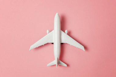 Sade bir şekilde yatıyordu tasarım minyatür oyuncak model uçak pembe pastel renkli kağıt trendy arka plan üzerinde düz. Uçak tatil yaz hafta sonu deniz macera seyahat yolculuk bilet Tur kavramı ile seyahat
