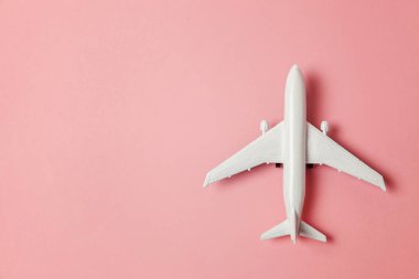 Sade bir şekilde yatıyordu tasarım minyatür oyuncak model uçak pembe pastel renkli kağıt trendy arka plan üzerinde düz. Uçak tatil yaz hafta sonu deniz macera seyahat yolculuk bilet Tur kavramı ile seyahat