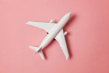 Sade bir şekilde yatıyordu tasarım minyatür oyuncak model uçak pembe pastel renkli kağıt trendy arka plan üzerinde düz. Uçak tatil yaz hafta sonu deniz macera seyahat yolculuk bilet Tur kavramı ile seyahat