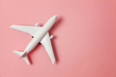 Sade bir şekilde yatıyordu tasarım minyatür oyuncak model uçak pembe pastel renkli kağıt trendy arka plan üzerinde düz. Uçak tatil yaz hafta sonu deniz macera seyahat yolculuk bilet Tur kavramı ile seyahat