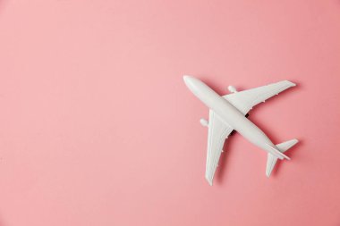 Sade bir şekilde yatıyordu tasarım minyatür oyuncak model uçak pembe pastel renkli kağıt trendy arka plan üzerinde düz. Uçak tatil yaz hafta sonu deniz macera seyahat yolculuk bilet Tur kavramı ile seyahat