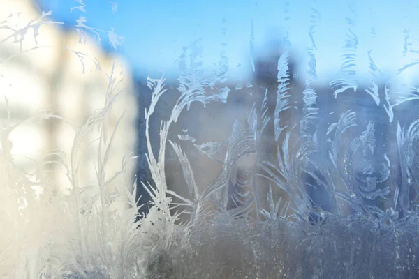 Fryst Vinterfönster Med Blank Ifrost Mönster Konsistens Julen Undrar Symbol — Stockfoto