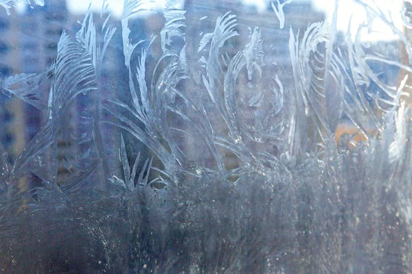 结冰的冬季窗户 冰霜图案质感明亮 圣诞奇迹的象征 抽象的背景 极北低温 冰天雪地冰封在冰封的玻璃上 寒冷的冬季室外气候 — 图库照片