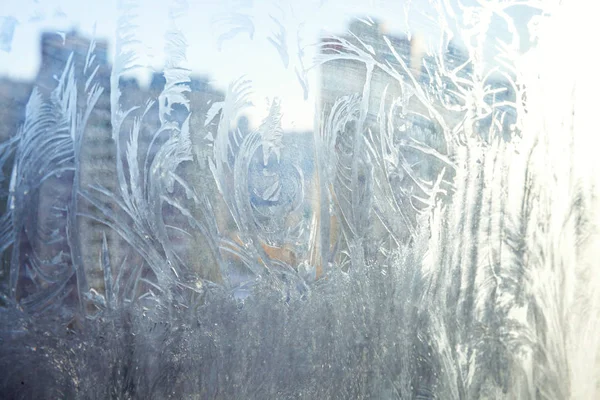 Janela Inverno Congelada Com Textura Padrão Geada Brilhante Símbolo Maravilha — Fotografia de Stock