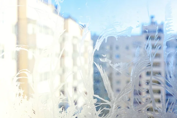 Замороженное Зимнее Окно Блестящей Текстурой Ледяного Узора Символ Рождества Абстрактный — стоковое фото