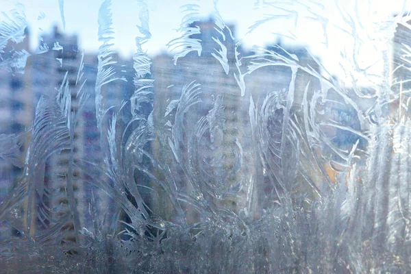 Janela Inverno Congelada Com Textura Padrão Geada Brilhante Símbolo Maravilha — Fotografia de Stock